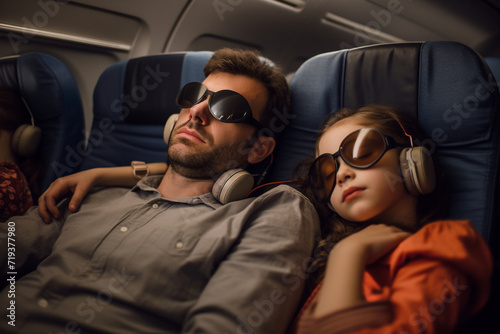 family sleeps on a seat on an airplane. generative ai