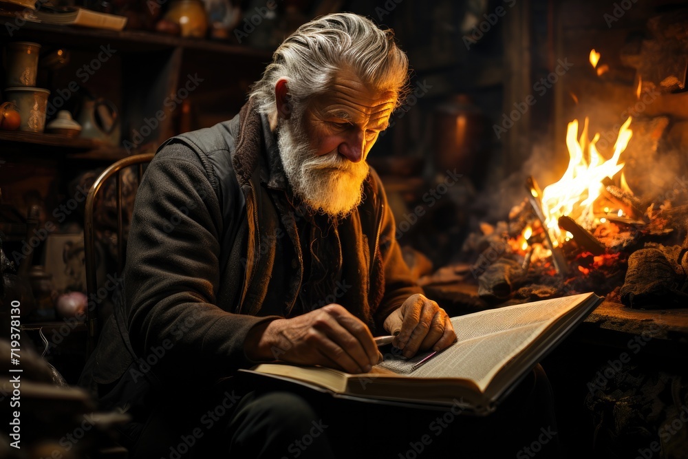 A solitary man warms his soul by the fire, surrounded by the cozy comforts of his indoor sanctuary, as he indulges in the pages of a captivating book