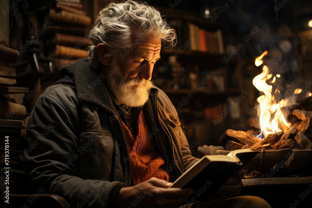 A contemplative metalsmith sits by the fireplace, his human face illuminated by the dancing flames as he engrosses himself in a book, surrounded by the warmth and comfort of his indoor sanctuary