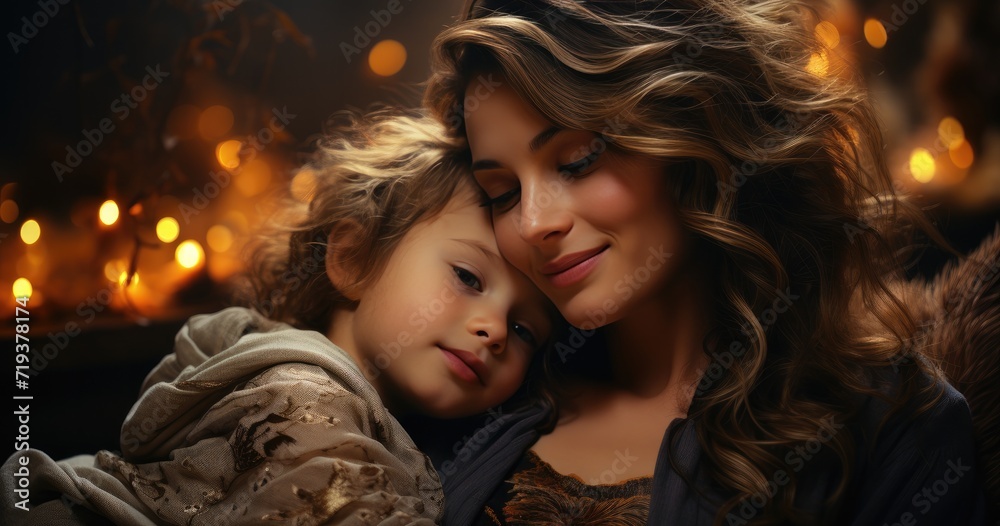 A mother and her daughter find peace and warmth in the midst of nature's fiery embrace, their closed eyes mirroring the intensity of the human connection between them A mother and her daughter find peace and warmth in the midst of nature's fiery embrace, their closed eyes mirroring the intensity of the human connection between them