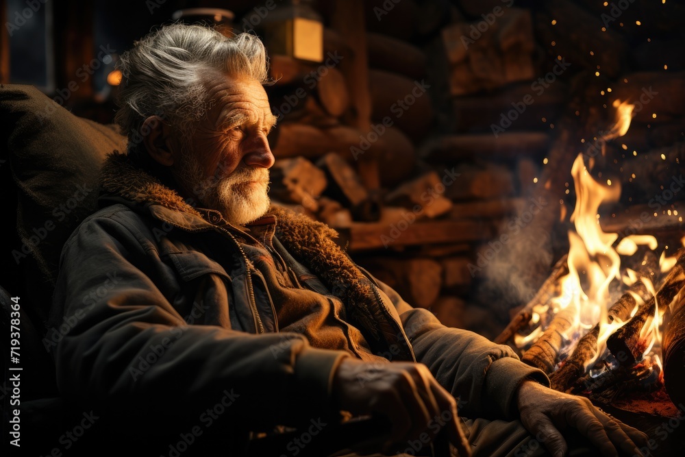 A solitary man, wrapped in warm clothing, sits by the crackling fireplace, his face illuminated by the fiery glow as he finds solace and warmth in the embrace of nature