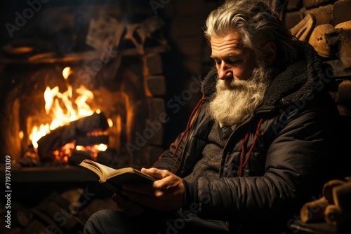 A solitary man finds solace and warmth in the glow of the fireplace, engrossed in a world of words and imagination © LifeMedia