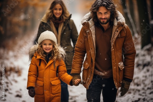 A family braves the winter chill  bundled in cozy parkas  as they stroll through the snow-covered park  their smiles lighting up their human faces