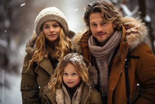 A fashionable group of young women smiling in their stylish winter coats and scarves, posing for a picture in the snowy park with their fur clothing adding a touch of luxury to the outdoor scene