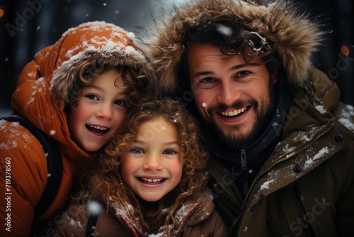 A father and his two children, bundled in warm coats and fur, beam with joy as they brave the winter snow for a family photo