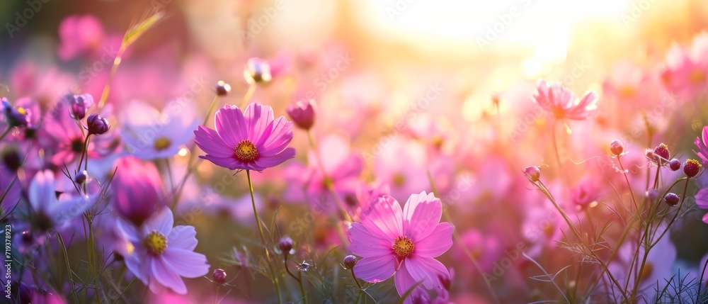 Vibrant Cosmos Flower Field Basking In Sunlight, Creating A Picturesque Artistic Shot. Сoncept Nature Photography, Stunning Landscapes, Majestic Waterfalls, Serene Sunsets, Wildlife Captures