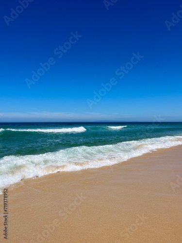Blue seascape, sandy sea coastline, empty wild beach, pure blue sky, sea horizon © Oksana
