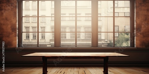 Empty table with windows behind it.