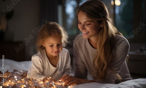 A mother and daughter share a moment of wonder and warmth as they gaze upon the flickering candlelight in their cozy home