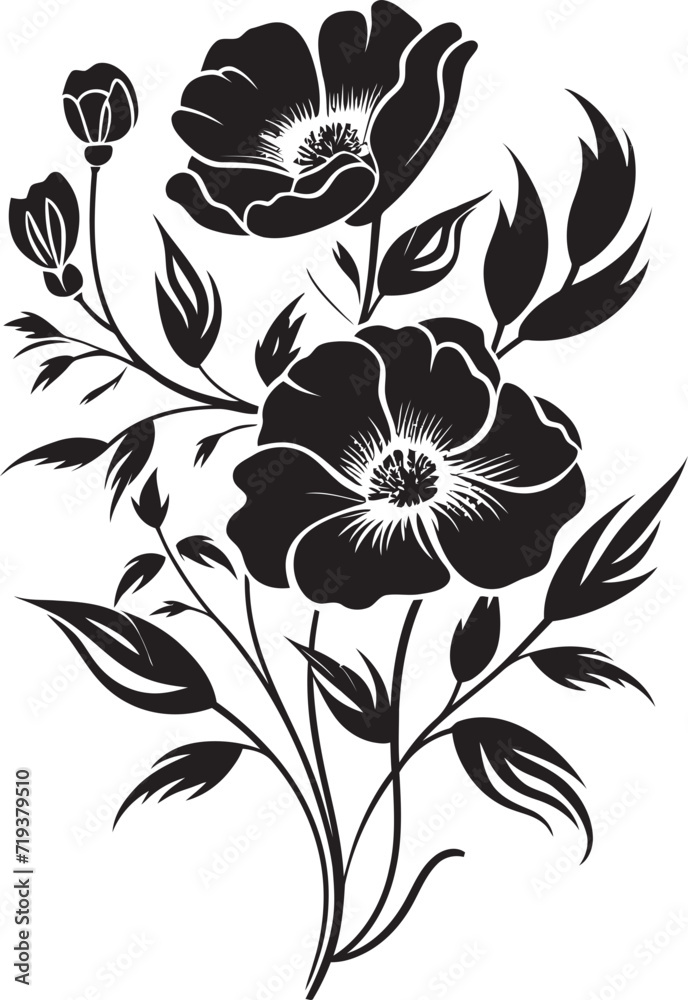 Midnight Whispers Among Blooms VI Black and White Whispered BloomsInked Floral Serenade XV Stylish Black Vector Serenade
