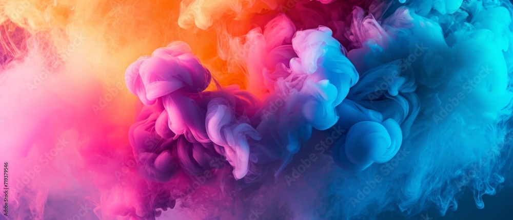 Vibrant Neon Smoke Swirls Amidst A Burst Of Colorful Paint, Creating An Abstract, Psychedelic Background. Сoncept Abstract Art, Psychedelic Background, Colorful Paint, Neon Smoke Swirls