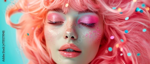 Radiant Woman Flaunting A Stunning Pink Wig And Artistic Makeup.   oncept Gorgeous Fashion Muses  Boho Chic Style  Stunning Nature Landscapes  Dramatic Evening Cityscape  Conceptual Fine Art Portraits