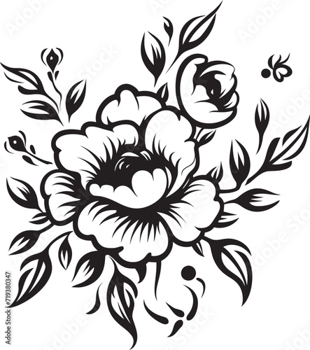 Inked Floral Harmony Envisioned XV Elegant Floral Vector HarmonyShadowy Floral Elegance Illuminated XV Black and White Vector Elegance