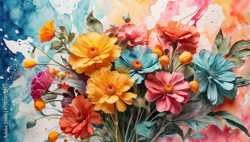 Summer colorful flowers on watercolor painted wall. AI generated