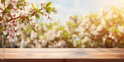 Springtime backdrop with a bare wooden table and blooming apple tree.
