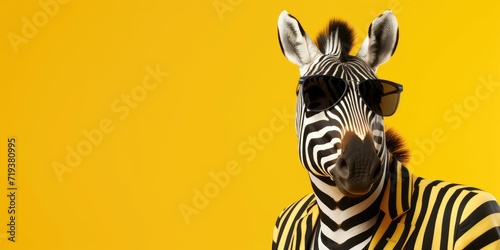 Zebra wearing cool sunglasses on a vibrant yellow background.