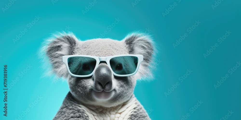 Koala with cool white sunglasses on a blue backdrop.