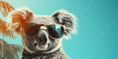 Koala in sunglasses with a tropical backdrop.