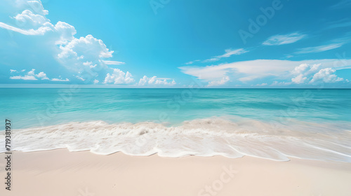 Beautiful tropical beach along the coastline, seaside view of sandy beach. blue sky, background wallpaper. © Almultazam