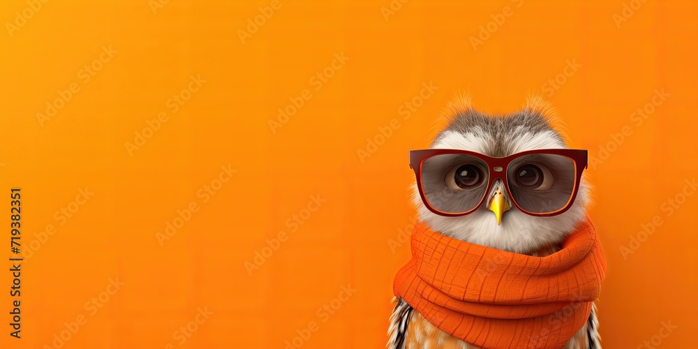 Naklejka premium Owl wrapped in an orange scarf with glasses.