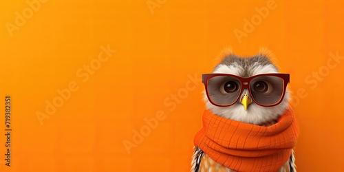 Owl wrapped in an orange scarf with glasses.