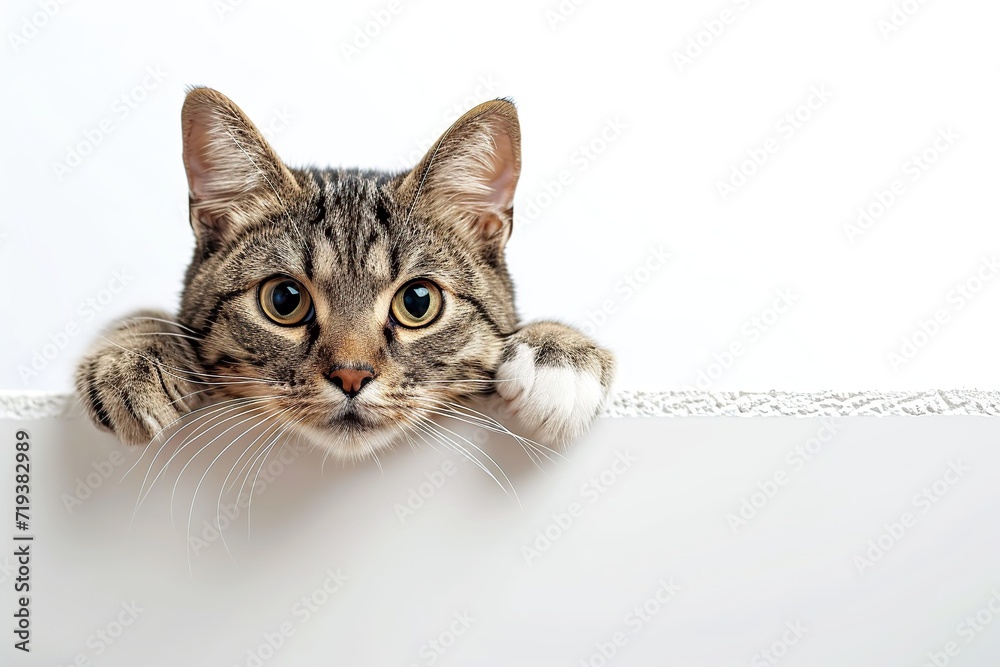 Cute cat peeking out of blank banner Cute cat peeking out of blank banner
