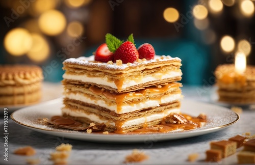 Caramel mille-feuille cake on a plate photo