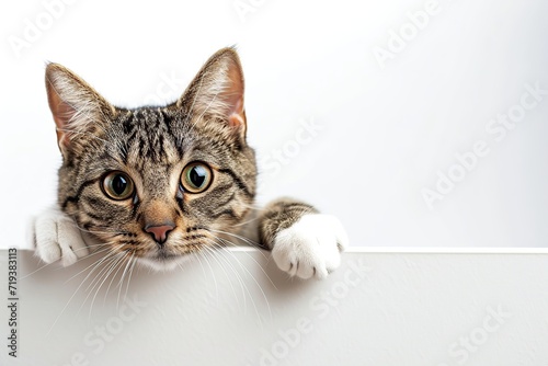Cute cat peeking out of blank banner
