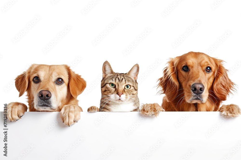 Cute cat and dogs peeking out of blank banner