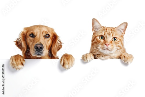 Cute cat and dog peeking out of blank banner © Alina