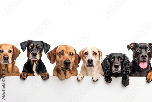 Group of different dogs peeking out of blank banner