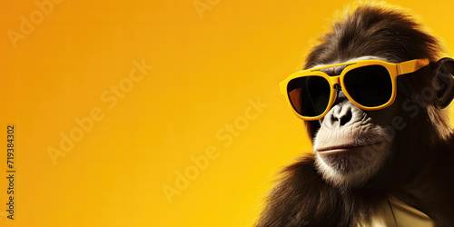 Chimpanzee with yellow sunglasses on a yellow backdrop