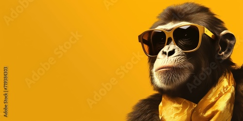 Chimpanzee in yellow sunglasses and scarf.