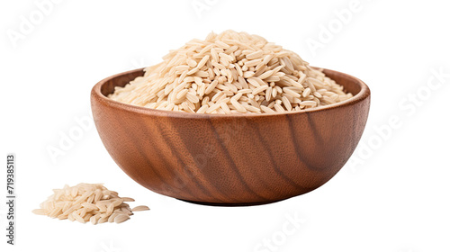 Uncooked dry rice in wooden bowl isolated on white or transparent background