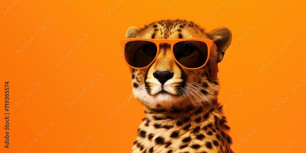 Cheetah with orange sunglasses on orange background