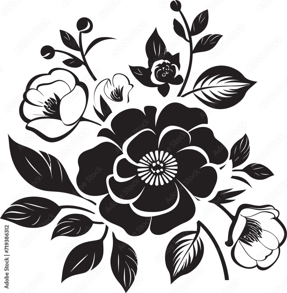 Noir Nexus Elegant Vector Blossom FantasiesShadowed Harmony Black and White Floral Symphony