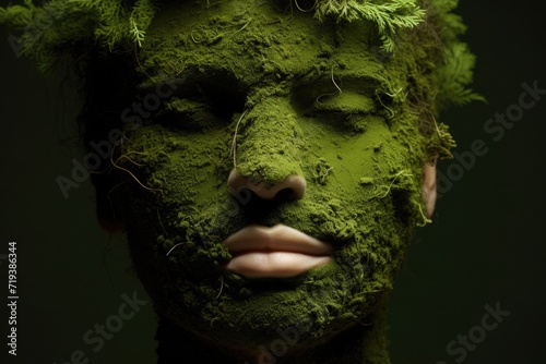 The face of a man with closed eyes covered with moss