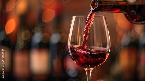  a wine glass full of red wine pouring on a background