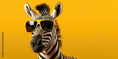 Zebra with orange sunglasses on a yellow background.