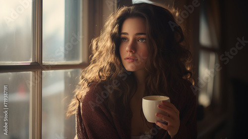 Portrait woman in cozy sweater holding a cup of hot drink and looking trough the window, enjoying the winter morning at home, generative ai