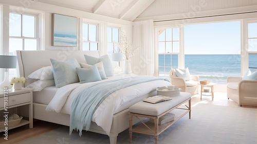 Coastal cottage bedroom with a serene white bed and beach-inspired decor