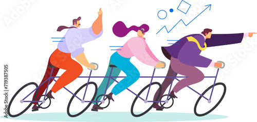 Illustration of three animated characters riding a tandem bicycle, the leader pointing forward, symbolizes teamwork and direction. Animated trio on a multi-seat bike, promoting cycling, coordination