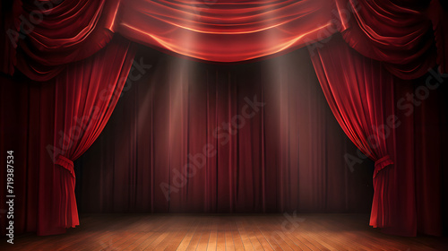 Magic theater stage with red curtains and show spotlight