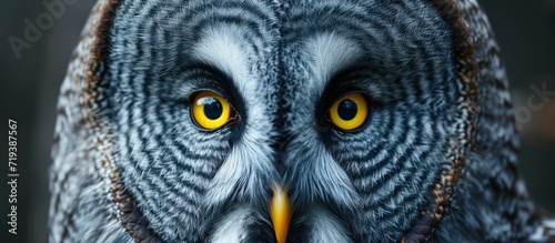 In the closeup shot, the gray owl with its piercing yellow eyes captivates as it stares directly into the camera, exuding an air of mystery and wisdom.