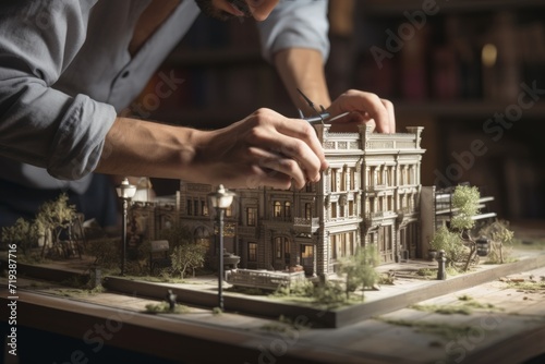Craftsman detailing an intricate architectural model with precision tools