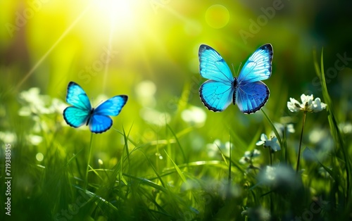 Blue butterflies on green spring meadow