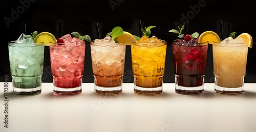 colorful cocktails lined up with lime slices – green, yellow, dark red, and white