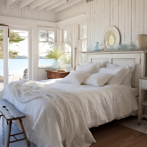 Coastal cottage bedroom with a white bed and shabby chic decor © Warda