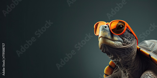 A turtle with orange sunglasses on a grey background.