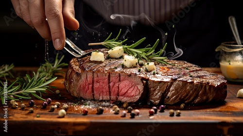 A piece of great beef steak with bones is being offered by hands.
